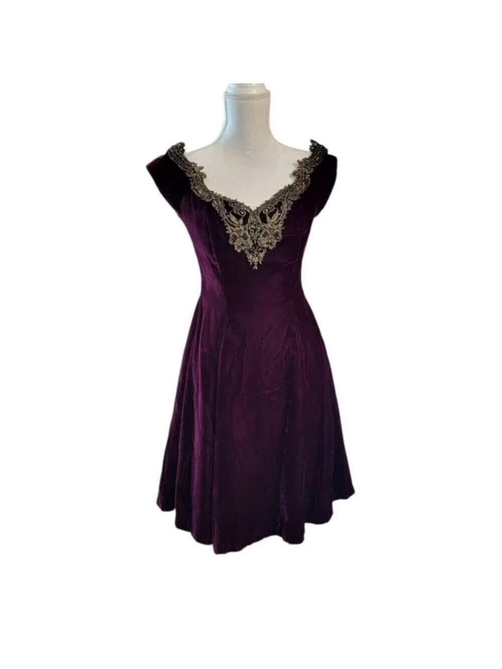 Vtg 80s 90s Opening Night Purple Maroon Velvet Gold Lace Cocktail Dress Size 7